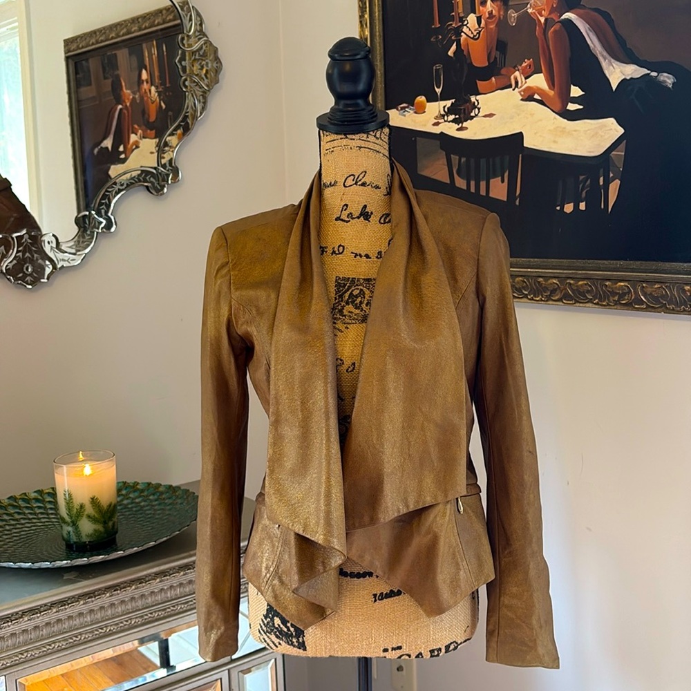 CACHE Sexy Faux Leather Bronze Gold Brown jacket coat XS 0 Designer Glamour